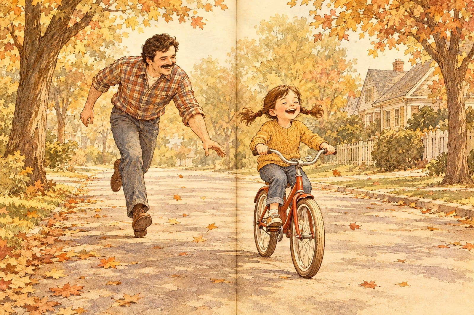 Illustration of a father letting go of his daughter's bicycle