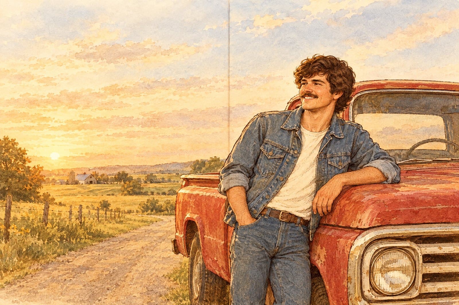 Illustration of a young man leaning on a red pickup truck at sunset